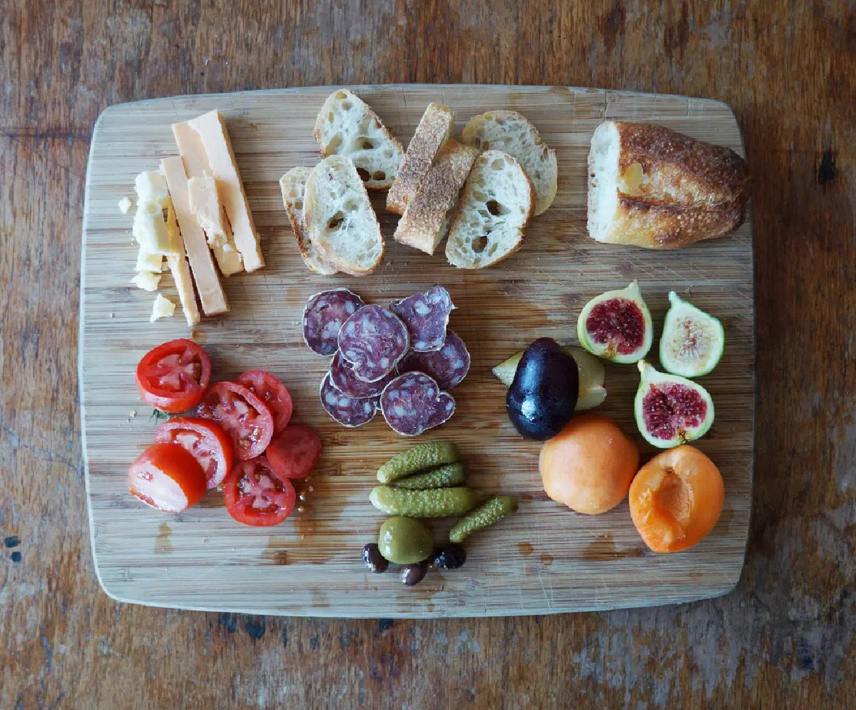 Bread, Cheese, Meat, Fruit, Pickles